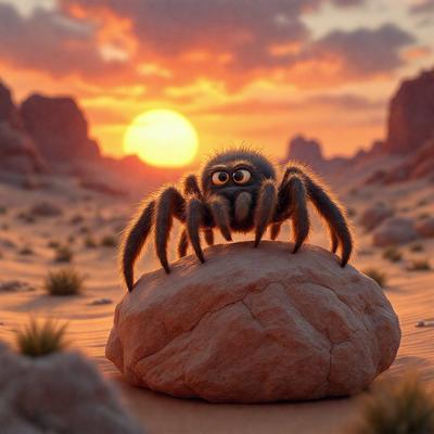 The primary subject of the image is a spider sitting on a rock in a desert-like environment. The setting is a rocky, sandy area with a sunset in the background, creating a warm and serene atmosphere. The visual style is a digital art or illustration, with the spider being the main focus of the image. The colors and mood convey a sense of tranquility and natural beauty.